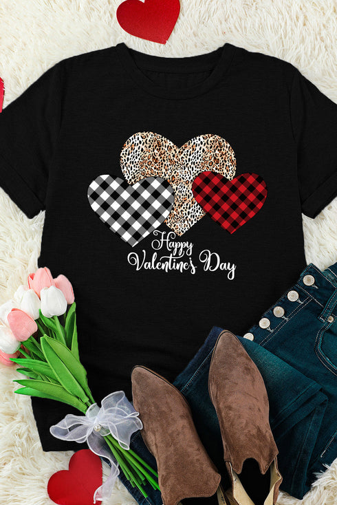 Black Happy Valentine'S Day Hearts Print Short Sleeve T Shirt